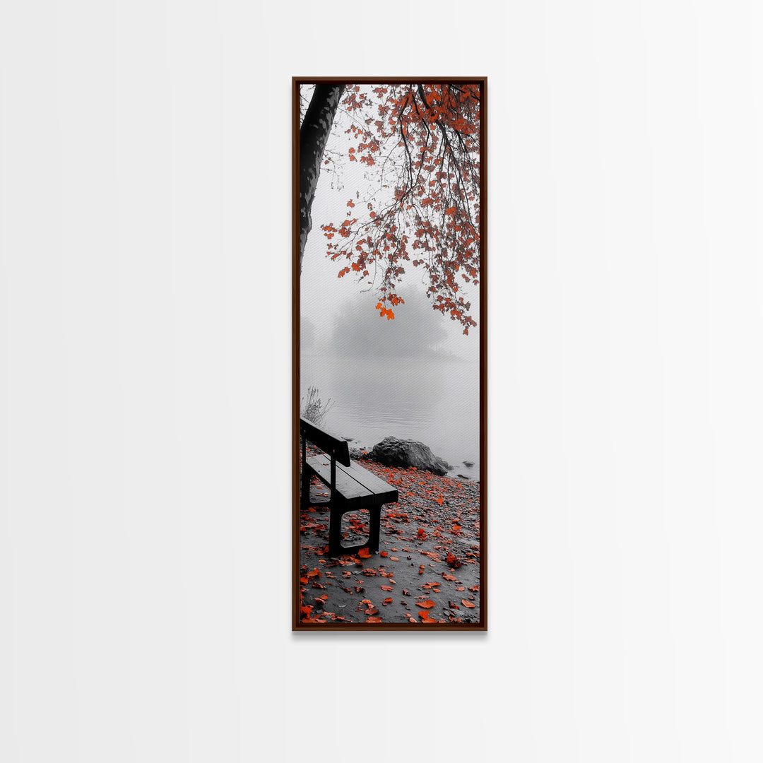 Autumn Leaves, Lakeside Bench, Quiet Moments, Foggy Morning, Framed Canvas Print, Cozy Fall Wall Art, Tranquil Living Room Decor