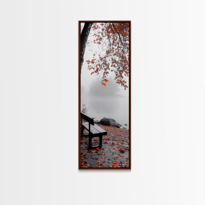 Autumn Leaves, Lakeside Bench, Quiet Moments, Foggy Morning, Framed Canvas Print, Cozy Fall Wall Art, Tranquil Living Room Decor