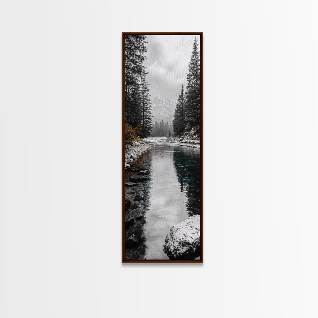 Mountain River, Forest Reflections, Nature Tranquility, Winter Pines, Canvas Print, Serene Landscape Wall Art, Bedroom Cabin Decor