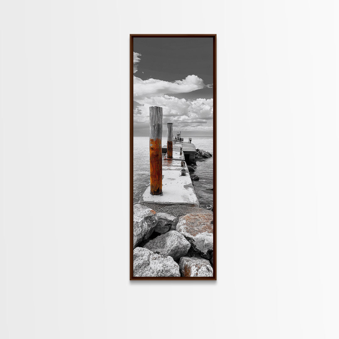 Ocean Dock Scene, Weathered Pier, Seaside Walkway, Framed Canvas Print, Nautical Art, Minimalist Ocean Photography, Coastal Wall Decor