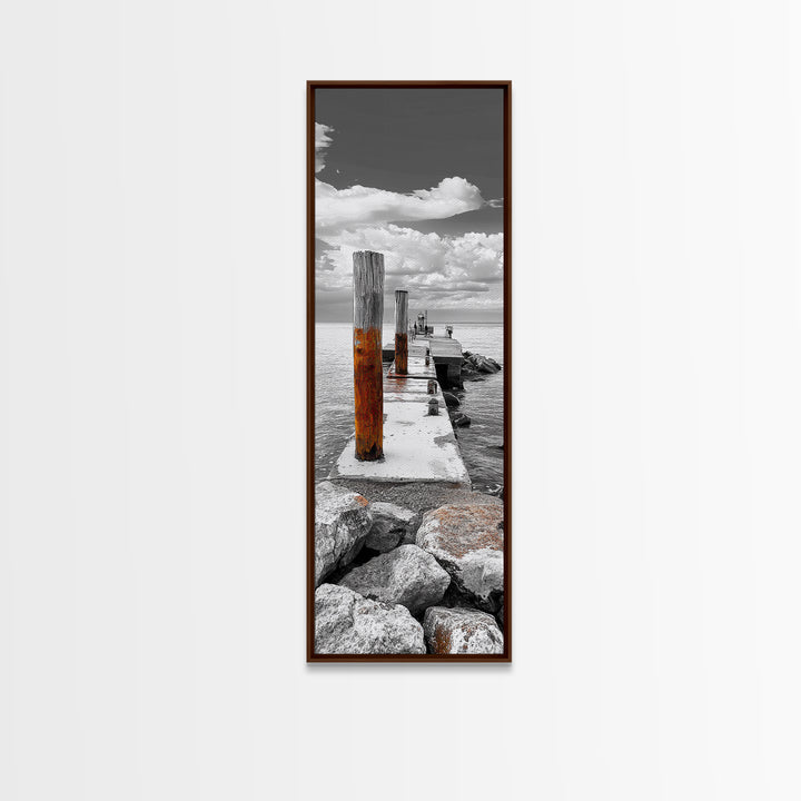 Ocean Dock Scene, Weathered Pier, Seaside Walkway, Framed Canvas Print, Nautical Art, Minimalist Ocean Photography, Coastal Wall Decor