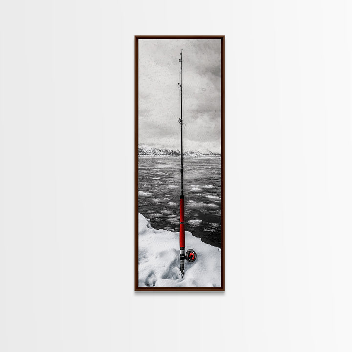 Ice Fishing Rod, Snow Adventure, Winter Sport, Framed Canvas Print, Man Cave Decor, Rustic Cabin Wall Art, Outdoor Lifestyle Photography