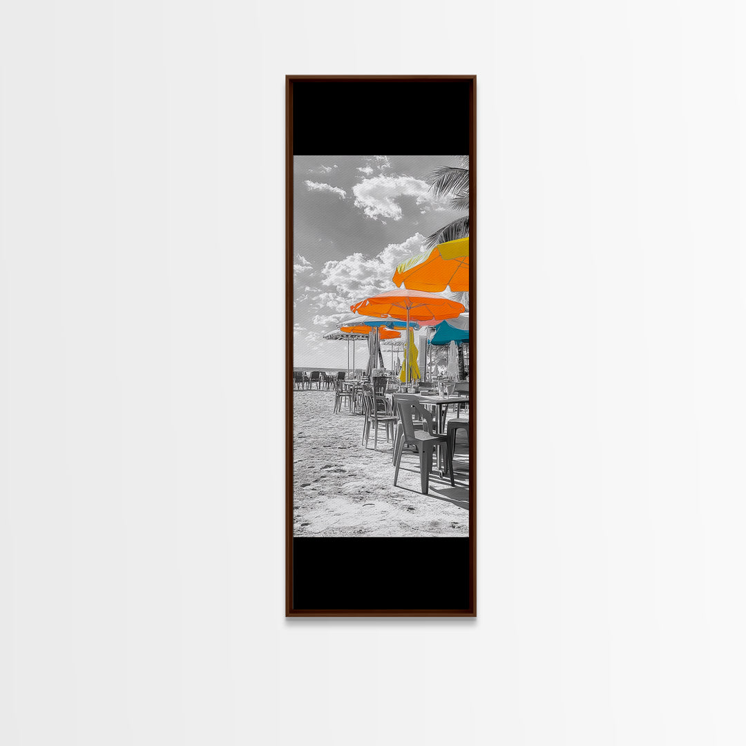 Beach Umbrellas, Seaside Dining, Summer Vibes, Framed Canvas Print, Tropical Kitchen Wall Art, Bright Coastal Decor, Boho Summer Style