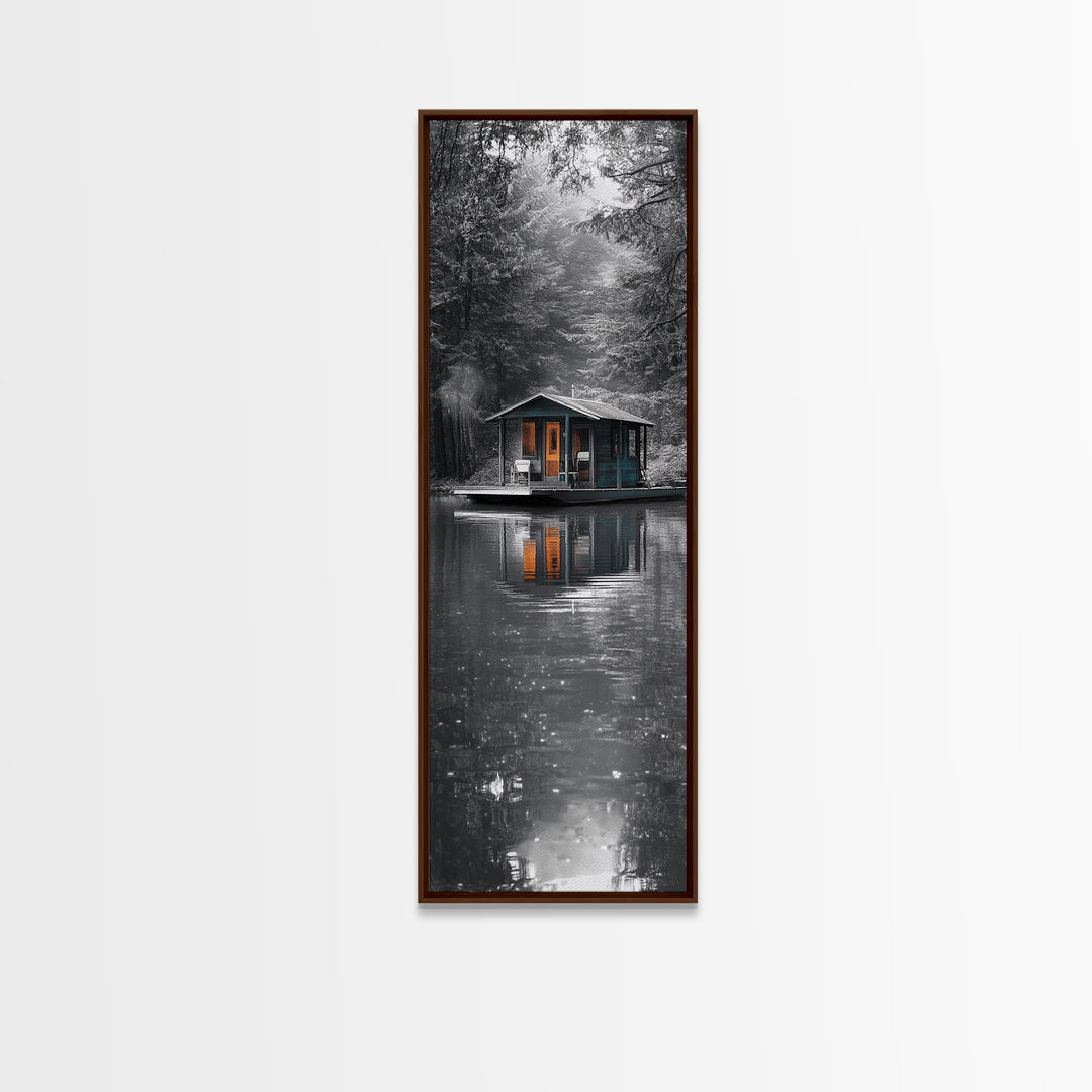 Cabin Reflection, Lake House Art, Cozy Forest Home, Canvas Print, Winter Wall Decor, Rustic Bedroom Artwork, Cabin Lover Gift