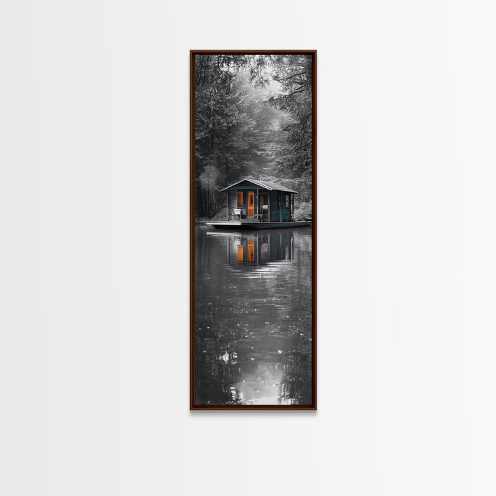 Cabin Reflection, Lake House Art, Cozy Forest Home, Canvas Print, Winter Wall Decor, Rustic Bedroom Artwork, Cabin Lover Gift