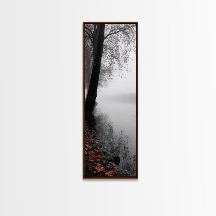 Foggy Shore, Autumn Path, Moody Nature Wall Art, Canvas Print, Fall Leaves, Serene Forest, Bedroom Decor, Woodland Landscape
