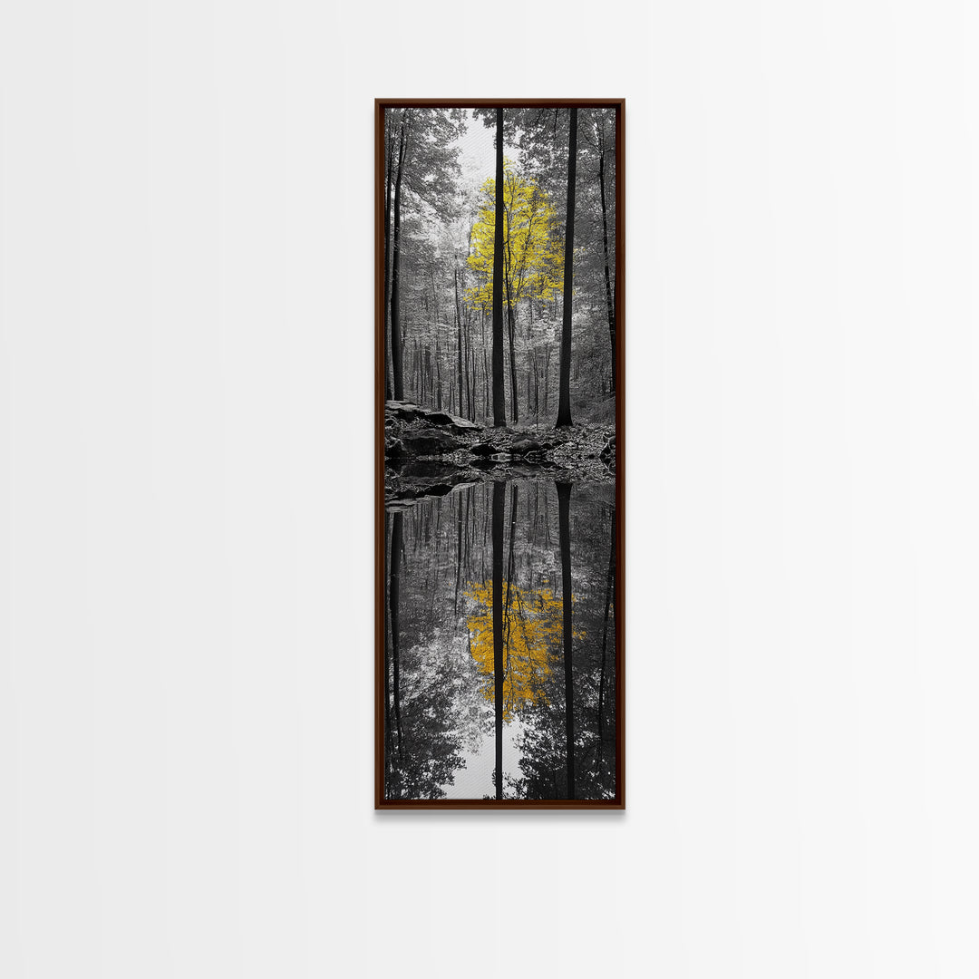 Yellow Tree, Autumn Woods, Forest Reflection, Nature Glow, Framed Canvas Print, Fall Wall Art, Rustic Decor, Cabin Art, Earthy Tones