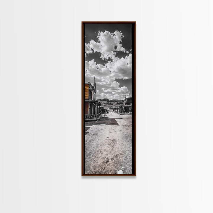 Desert Street, Western Town, Cloudy Skies, Frontier Road, Framed Canvas Print, Rustic Wall Art, Western Style Decor, Saloon Theme