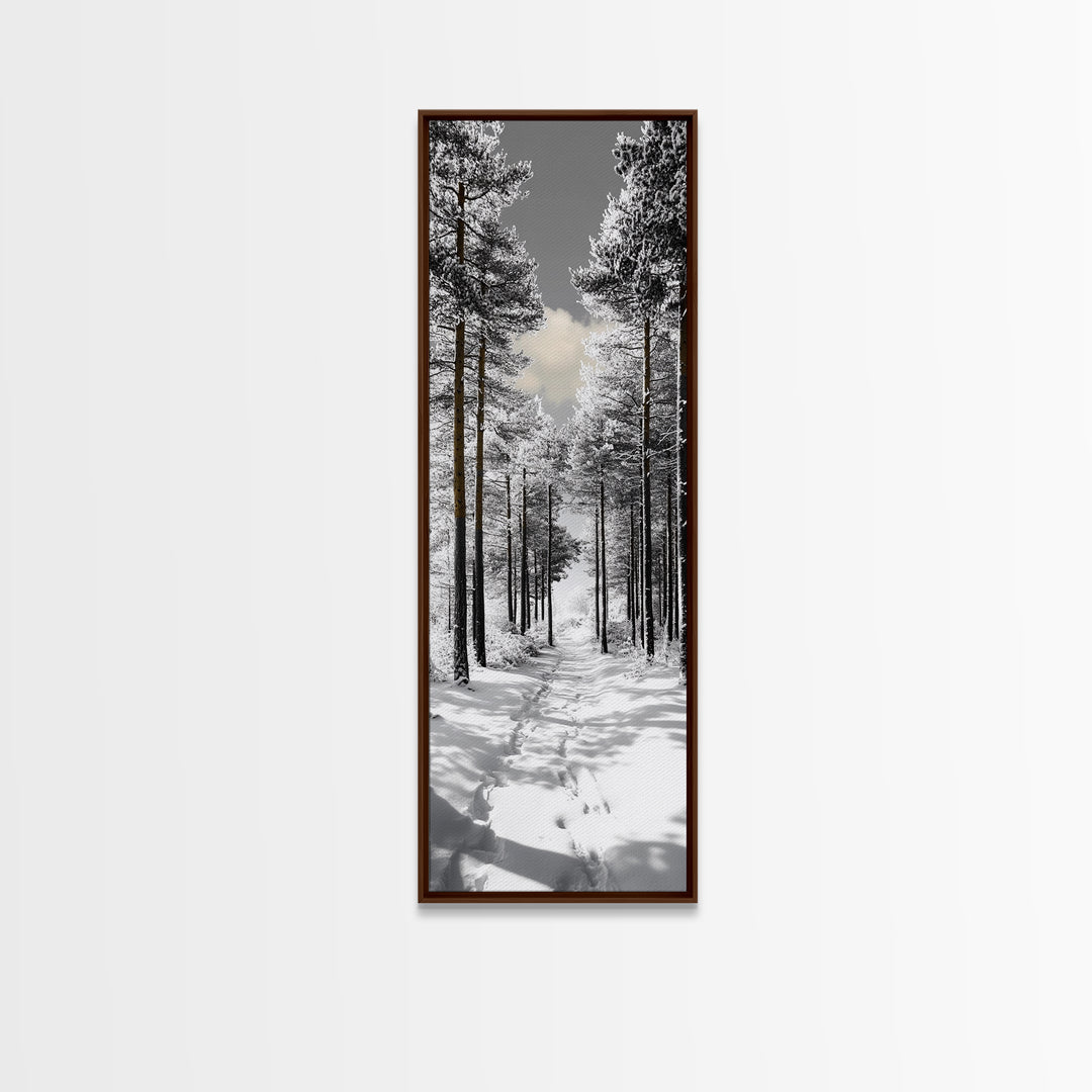 Snow Path, Winter Forest, Frosty Pines, Silent Trail, Framed Canvas Print, Christmas Wall Art, Cabin Decor, Nordic Winter Scene