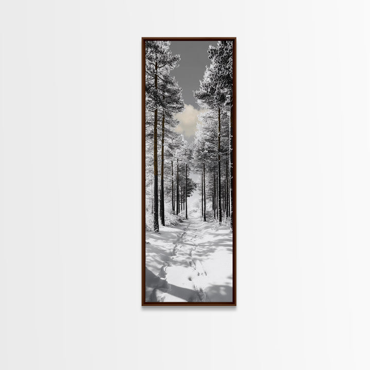 Snow Path, Winter Forest, Frosty Pines, Silent Trail, Framed Canvas Print, Christmas Wall Art, Cabin Decor, Nordic Winter Scene