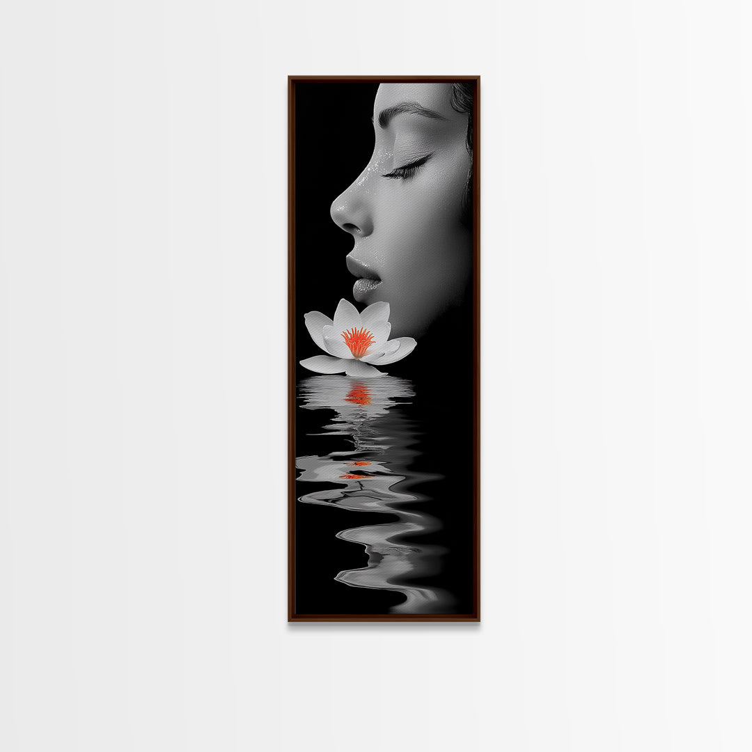 Lotus Beauty, Reflection Art, Feminine Calm, Elegant Profile, Framed Canvas Print, Spa Wall Art, Zen Decor, Minimalist Bathroom Art