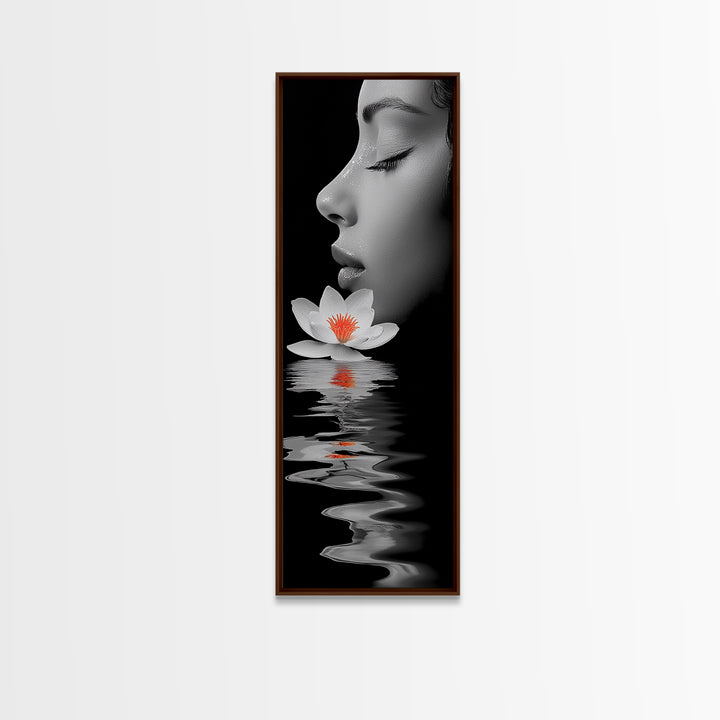 Lotus Beauty, Reflection Art, Feminine Calm, Elegant Profile, Framed Canvas Print, Spa Wall Art, Zen Decor, Minimalist Bathroom Art