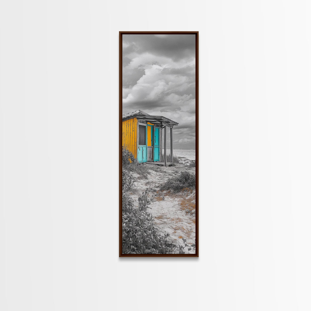 Beach Shack, Rustic Cabin, Vibrant Doors, Framed Canvas Print, Coastal Entryway Wall Art, Tropical Boho Decor, Seaside Rustic Style