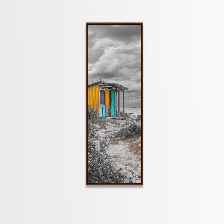 Beach Shack, Rustic Cabin, Vibrant Doors, Framed Canvas Print, Coastal Entryway Wall Art, Tropical Boho Decor, Seaside Rustic Style