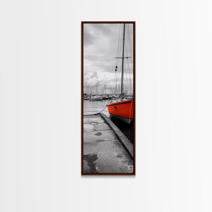 Vibrant Boat, Dockside Scene, Nautical Decor, Color Accent, Framed Canvas Print, Black and White Photography, Coastal Wall Art, Bathroom Art