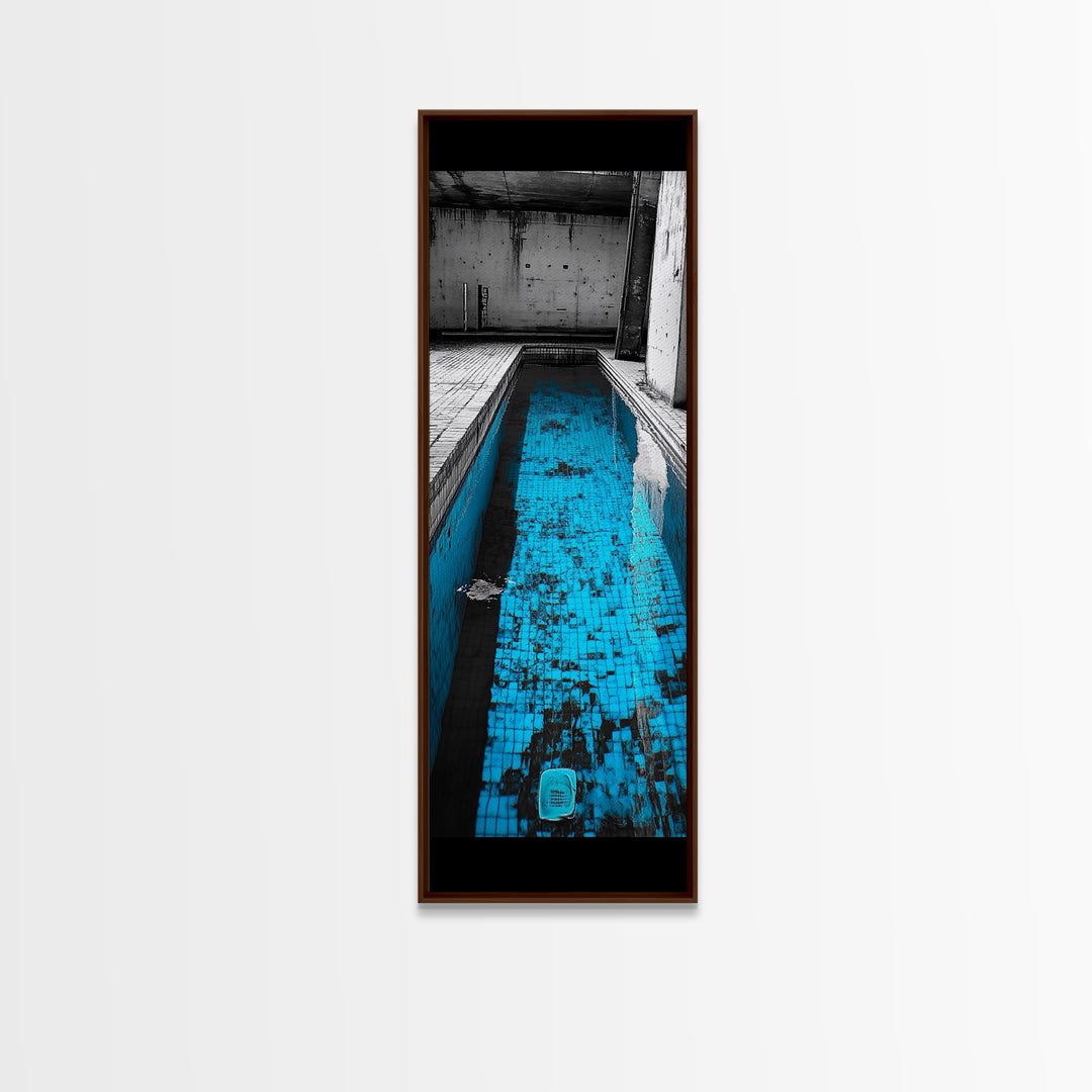 Abandoned Pool, Urban Texture, Gritty Vibes, Blue Contrast, Framed Canvas Print, Industrial Wall Art, Moody Bathroom or Loft Decor