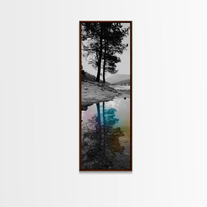 Tree Reflection, Moody Landscape, Nature Serenity, Rainbow Water, Framed Canvas Print, Boho Style, Bedroom Wall Art, Artistic Calm