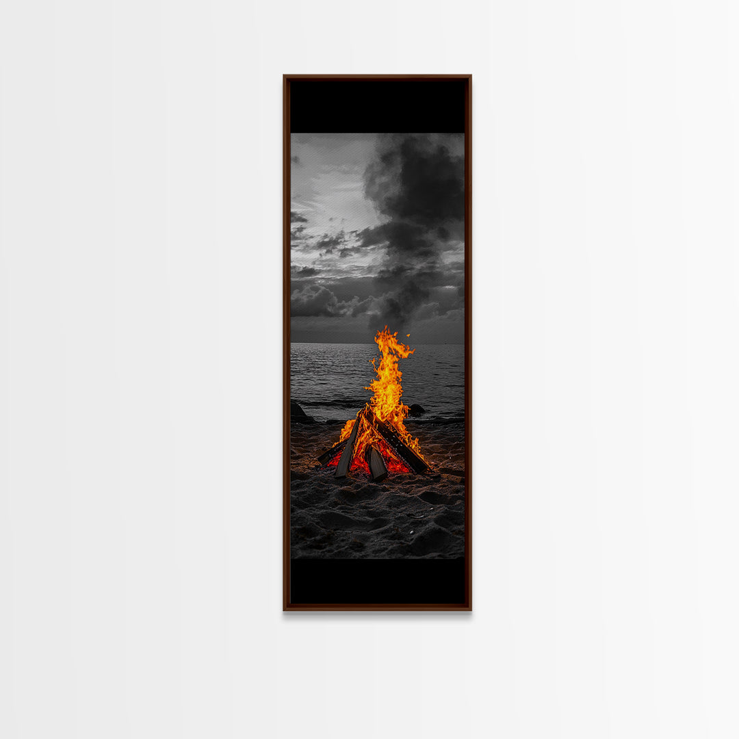 Beach Bonfire, Glowing Flame, Night Ocean, Framed Canvas Print, Autumn Coastal Wall Art, Rustic Cabin Decor, Moody Beach Photography