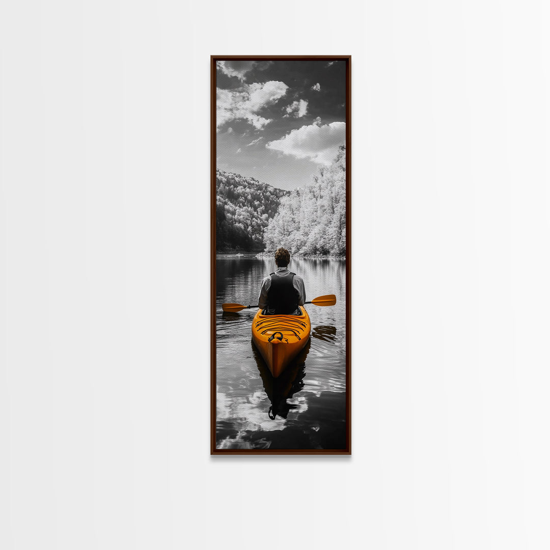 Kayak Lake View, Nature Escape, Autumn Waters, Calm Journey, Framed Canvas Print, Adventure Wall Art, Cabin Decor, Minimalist Landscape