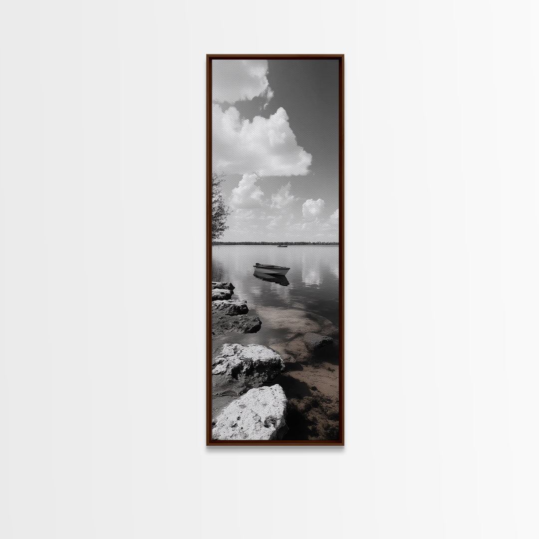 Monochrome Boat Lake, Peaceful Dockside, Still Waters, Minimal Calm, Framed Canvas Print, Bedroom Wall Art, Black White Photography