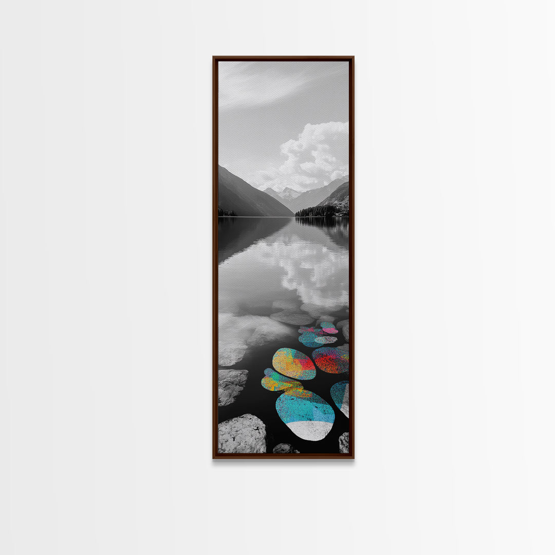Lake Pebbles Art, Colorful Stones, Mountain Reflection, Calm Waterscape, Canvas Print, Zen Decor, Boho Lake Art, Bathroom Wall Art