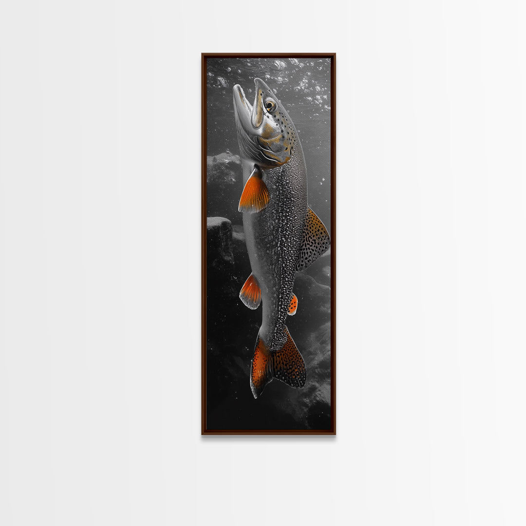 Trout Fishing Print, Underwater Scene, Orange Fins Fish, Rustic Wildlife, Framed Canvas Print, Cabin Decor, Man Cave Wall Art