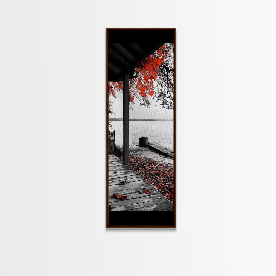 Fall Porch Scene, Lakeview Autumn, Red Leaves Deck, Tranquil Water, Canvas Print, Rustic Wall Art, Cozy Cabin Decor, Entryway Style