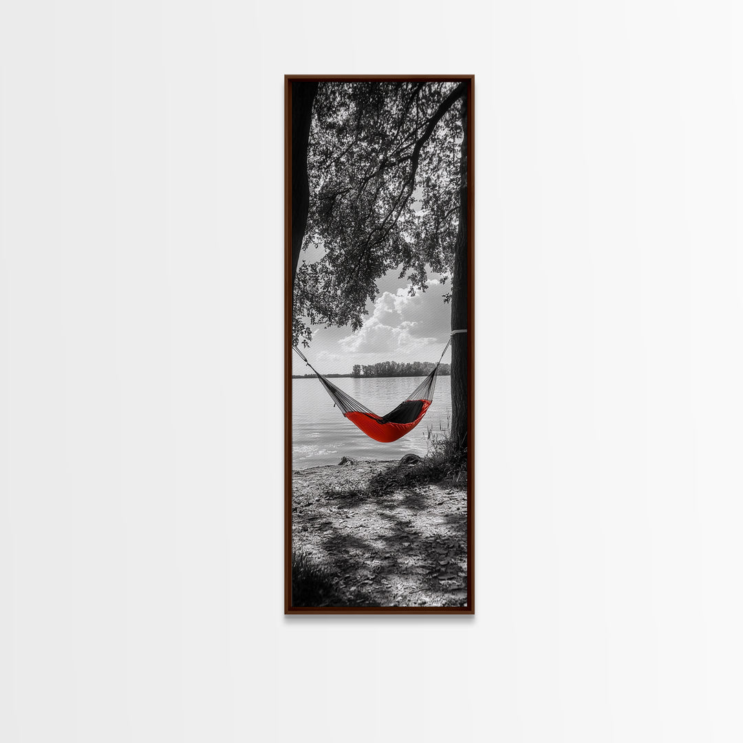 Red Hammock Escape, Nature Lake Art, Serene Moment, Outdoor Vibes, Framed Canvas Print Rustic Bedroom Wall Art, Minimalist Landscape