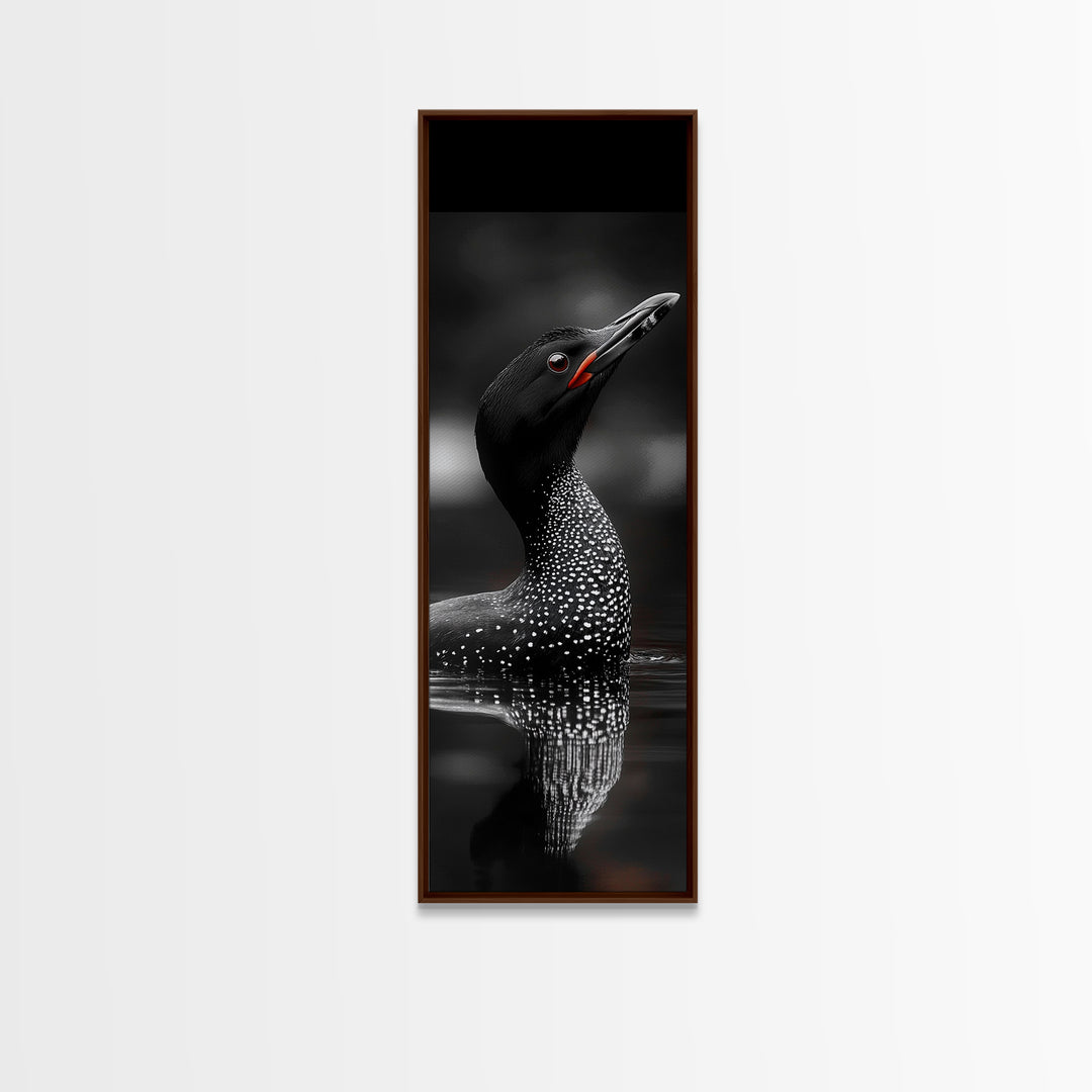 Loon Bird, Red Eye, Monochrome Wildlife, Nature Framed Canvas Print, modern living room wall art, black and white animal art