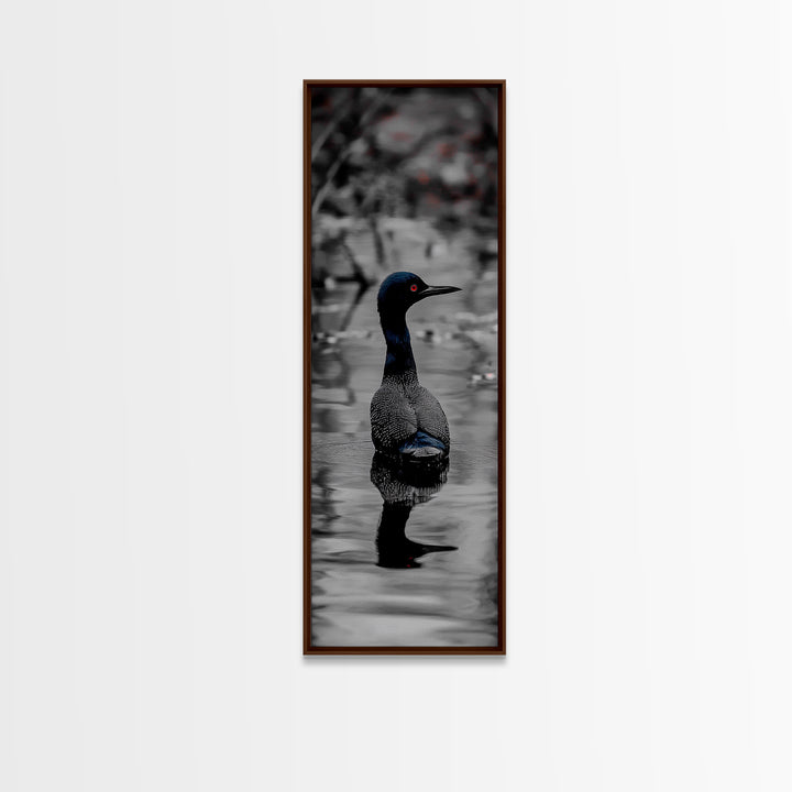 Blue Loon, Water Reflection, Elegant Bird, Lake Life Framed Canvas Print, cabin decor, nature wall art, minimalist bird art, office wall art