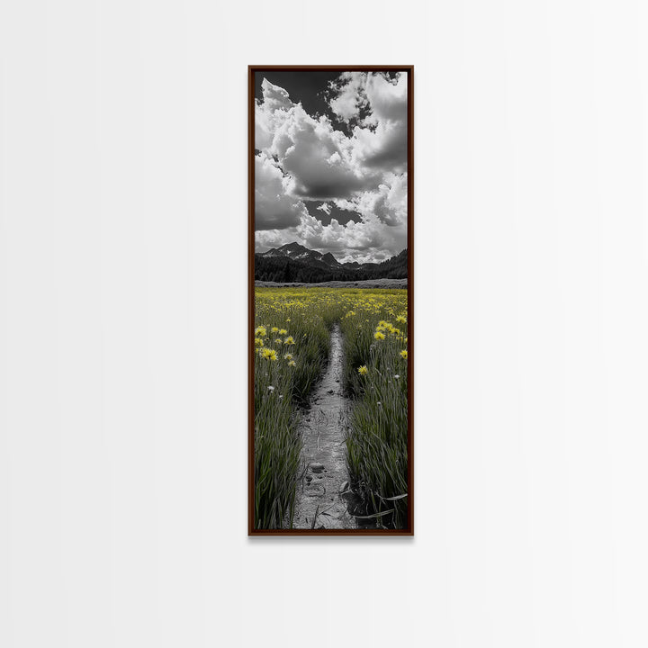 Yellow Field, Mountain Trail, Alpine Meadow, Bright Sky Framed Canvas Print, nature lover gift, landscape wall decor, cabin wall art