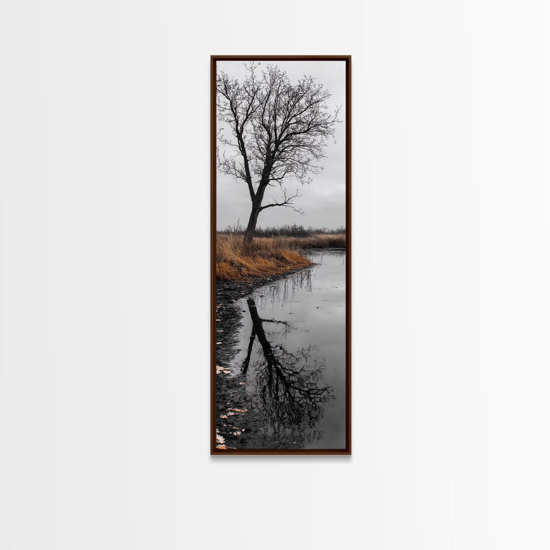 Bare Tree, Marsh Reflection, Autumn Tones, Moody Nature Framed Canvas Print, fall farmhouse wall art, rustic entryway decor, office wall art
