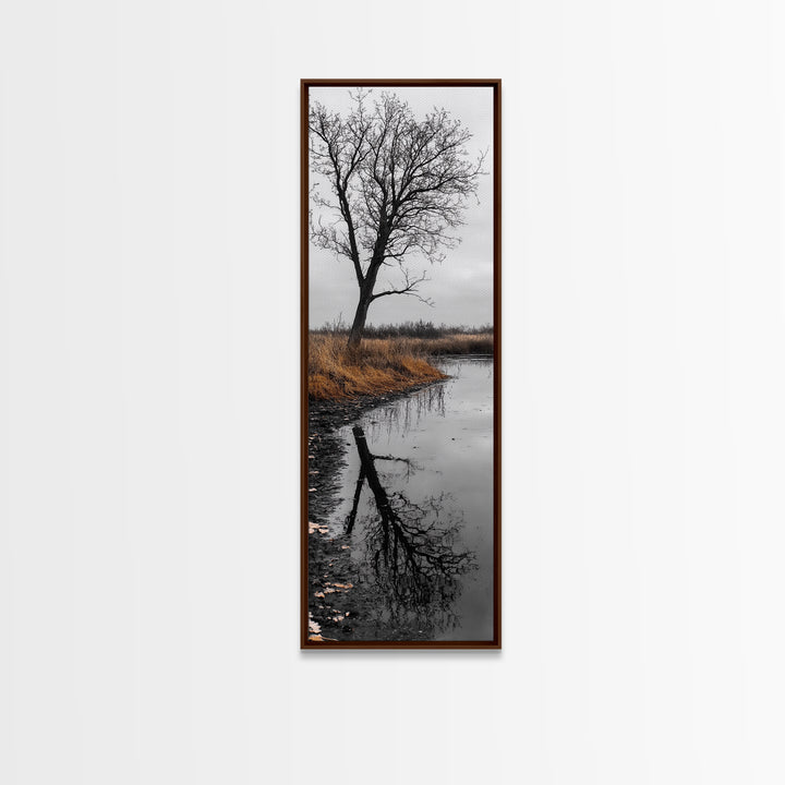 Bare Tree, Marsh Reflection, Autumn Tones, Moody Nature Framed Canvas Print, fall farmhouse wall art, rustic entryway decor, office wall art