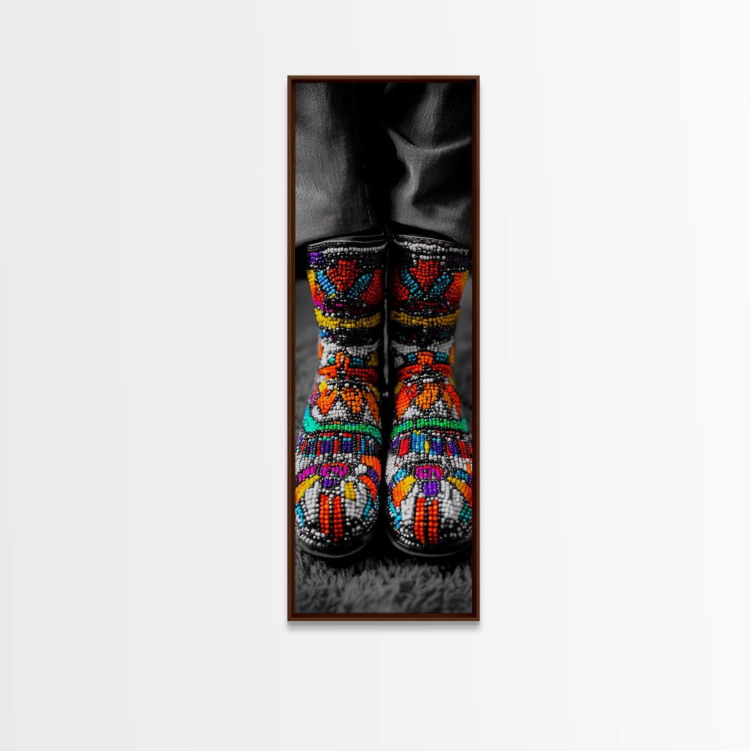 Beaded Boots, Bold Fashion, Cultural Style, Tribal Vibes, Framed Canvas Print, Boho art, Fashion Wall Art, Entryway Decor, Statement Piece