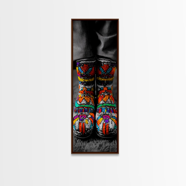 Beaded Boots, Bold Fashion, Cultural Style, Tribal Vibes, Framed Canvas Print, Boho art, Fashion Wall Art, Entryway Decor, Statement Piece