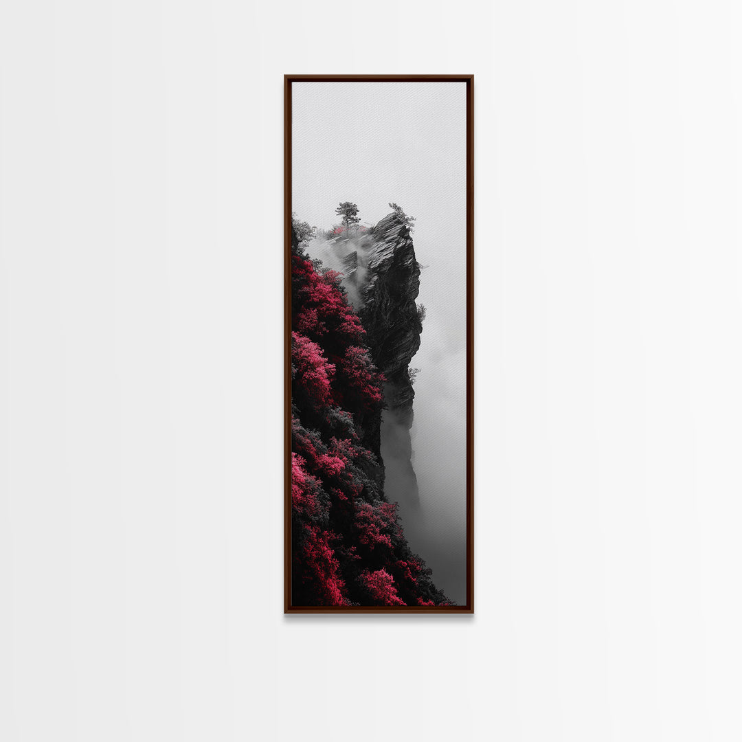 Misty Cliffs, Pink Blossoms, Zen Mountains, Dreamy Fog, Framed Canvas Print, boho wall art, meditation space, nature fantasy decor