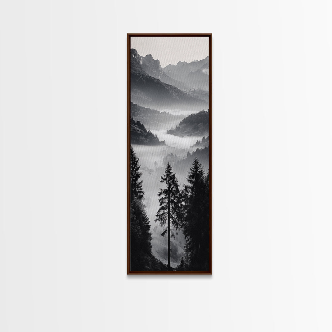Foggy Mountains, Pine Forest, Valley Mist, Calm Landscape, Canvas Print, entryway wall art, cozy cabin vibes, grayscale art style
