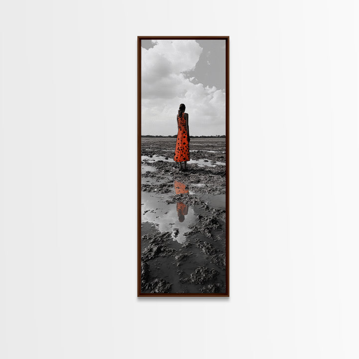 Solitary Woman, Polka Dot Dress, Reflected Mood, Framed Canvas Print, Surreal Fine Art, Bedroom Wall Art, Contemporary Minimalist Style