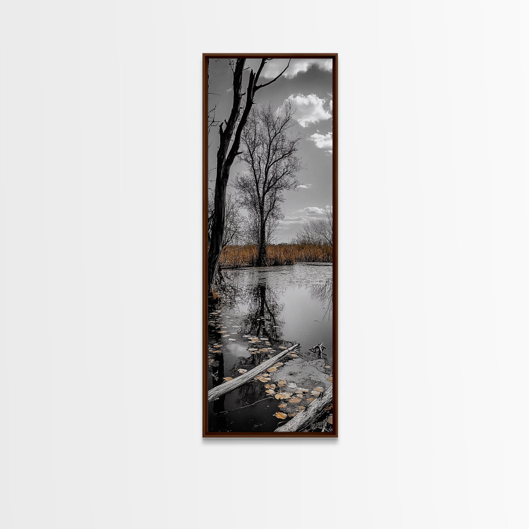 Swamp Trees, Moody Waters, Golden Lilies, Reflective Pond, Framed Canvas Print, Autumn Wall Art, Nature Decor, Living Room Landscape