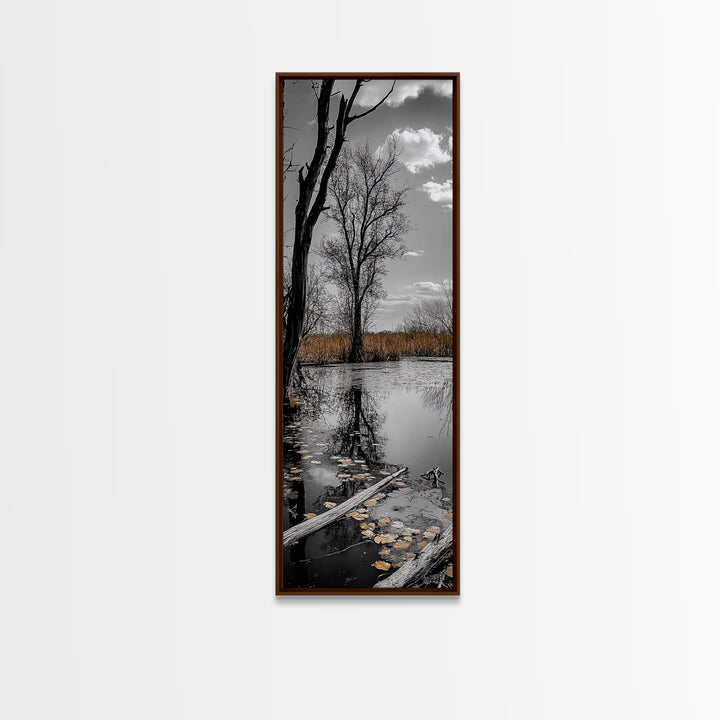 Swamp Trees, Moody Waters, Golden Lilies, Reflective Pond, Framed Canvas Print, Autumn Wall Art, Nature Decor, Living Room Landscape