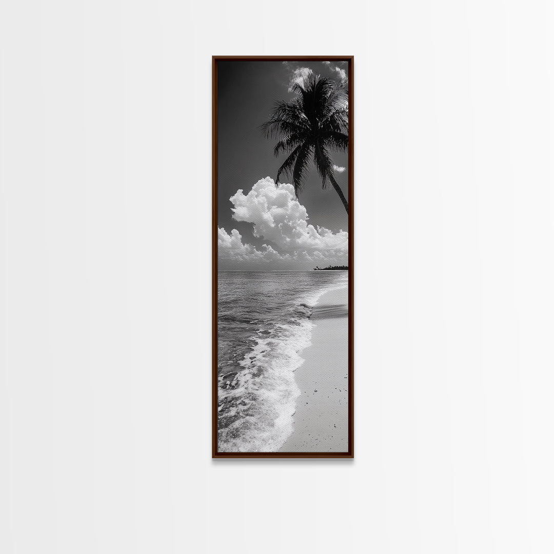 Tropical Palm, Beach Scene, Coastal Vibes, Framed Canvas Print, Relaxing Ocean Art, Bathroom Wall Decor, Minimalist Seaside Landscape