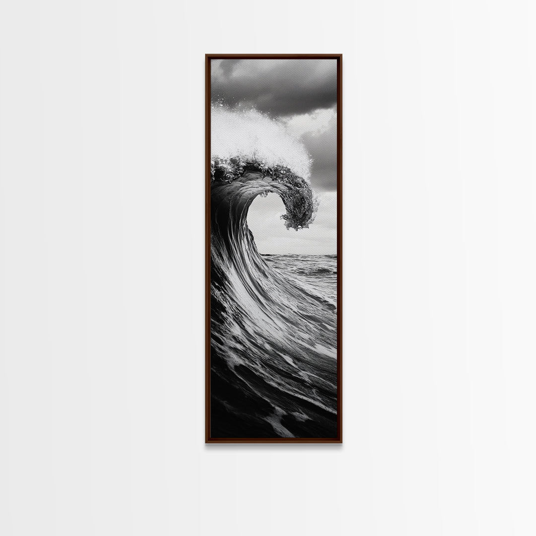 Ocean Wave, Monochrome Surf, Nature Power, Dramatic Sea, Framed Canvas Print, Coastal Wall Decor, Modern Bathroom Art, Minimalist Ocean Art