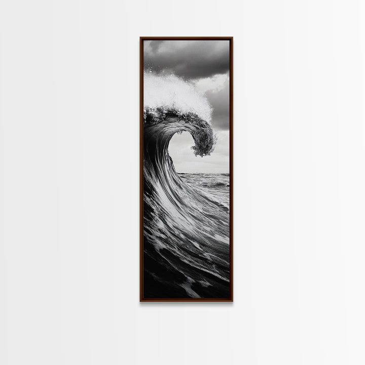 Ocean Wave, Monochrome Surf, Nature Power, Dramatic Sea, Framed Canvas Print, Coastal Wall Decor, Modern Bathroom Art, Minimalist Ocean Art