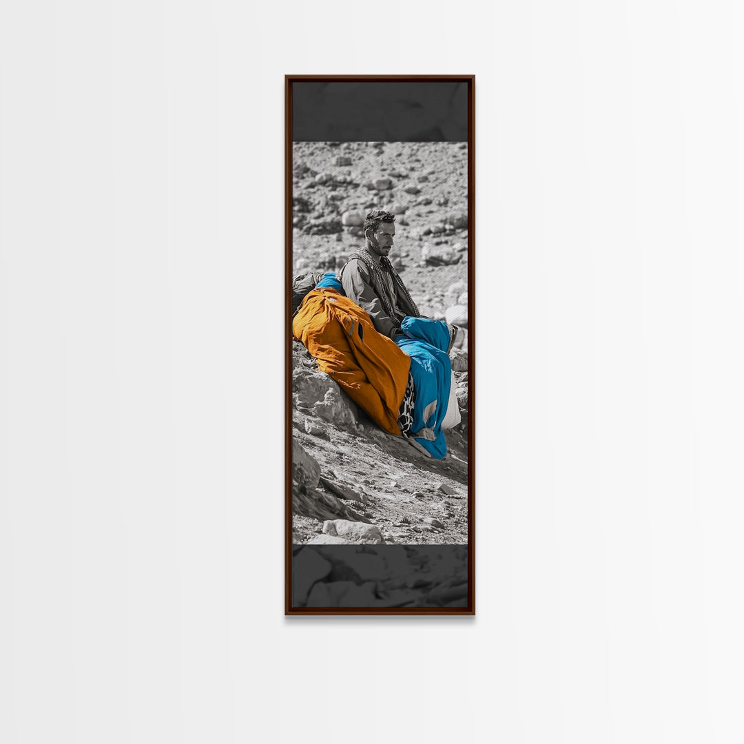Nomadic Man, Desert Life, Color Blankets, Tribal Spirit, Framed Canvas Print, Ethnic Art, Boho Decor, Bedroom Wall Art, Cultural Piece