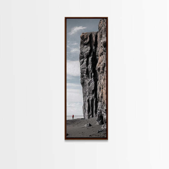 Cliff Wall, Ocean View, Lone Hiker, Rugged Coast, Framed Canvas Print, Adventure Art, Minimalist Decor, Office Wall Art, Modern Nature