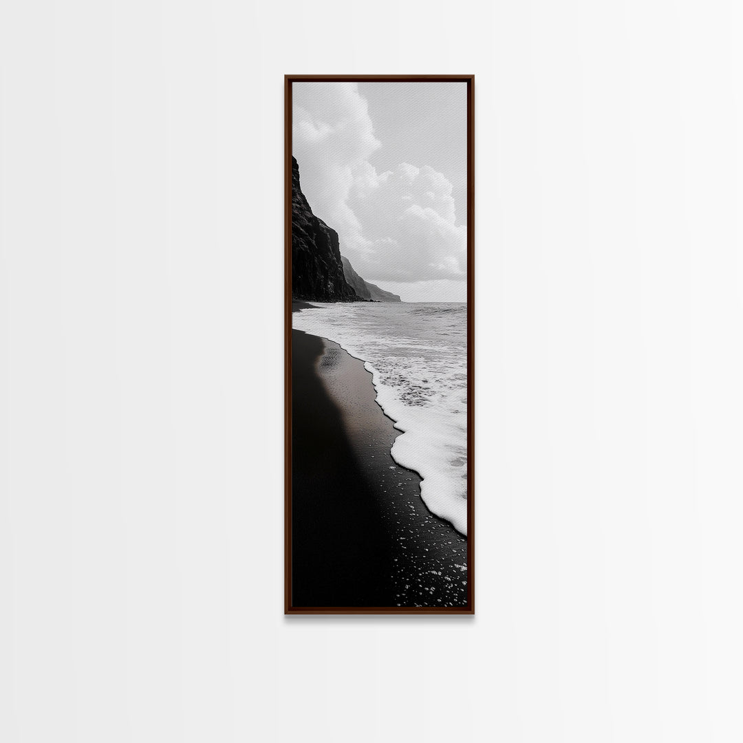 Black Sand, Ocean Foam, Rocky Shoreline, Coastal Serenity, Framed Canvas Print, Monochrome Wall Art, Bathroom Decor, Beach Minimalist