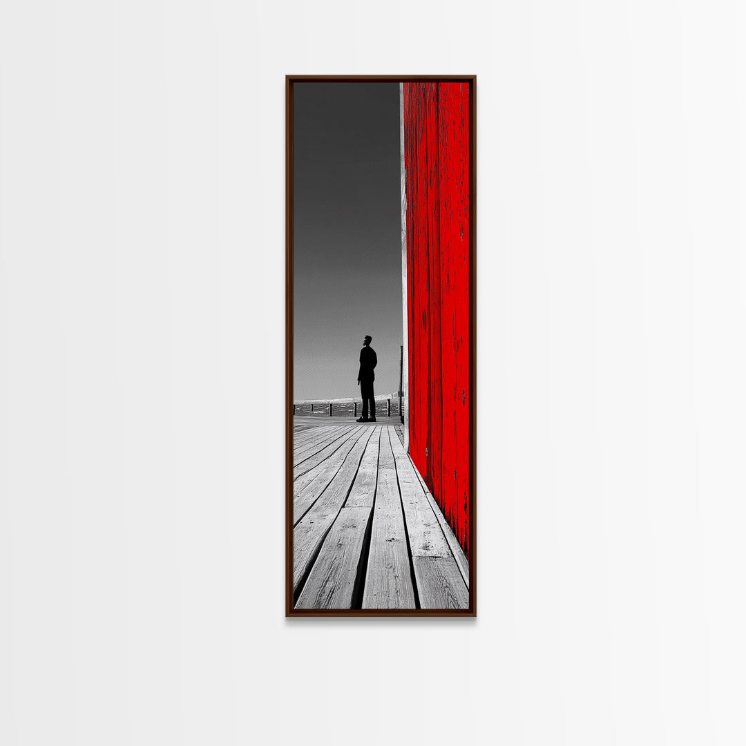 Man Silhouette, Red Wall, Boardwalk Contrast, Minimal Scene, Framed Canvas Print, Urban Wall Art, Modern Decor, Office Accent Piece