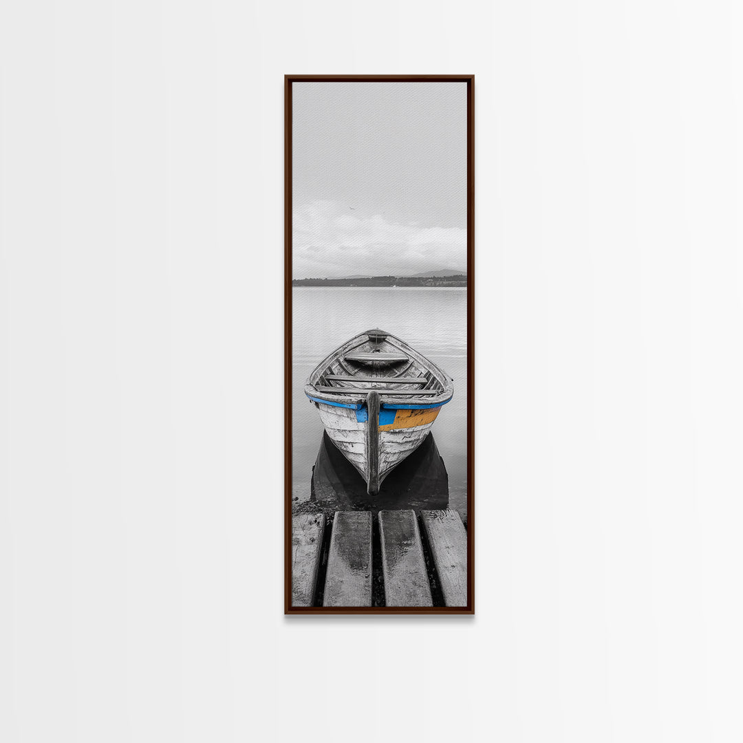 Rowboat Front, Calm Water, Lake Stillness, Serene View, Framed Canvas Print, Nautical Decor, Minimalist Art, Coastal Living Room