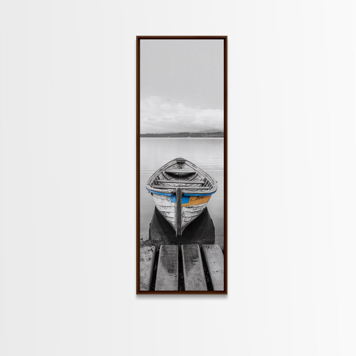 Rowboat Front, Calm Water, Lake Stillness, Serene View, Framed Canvas Print, Nautical Decor, Minimalist Art, Coastal Living Room