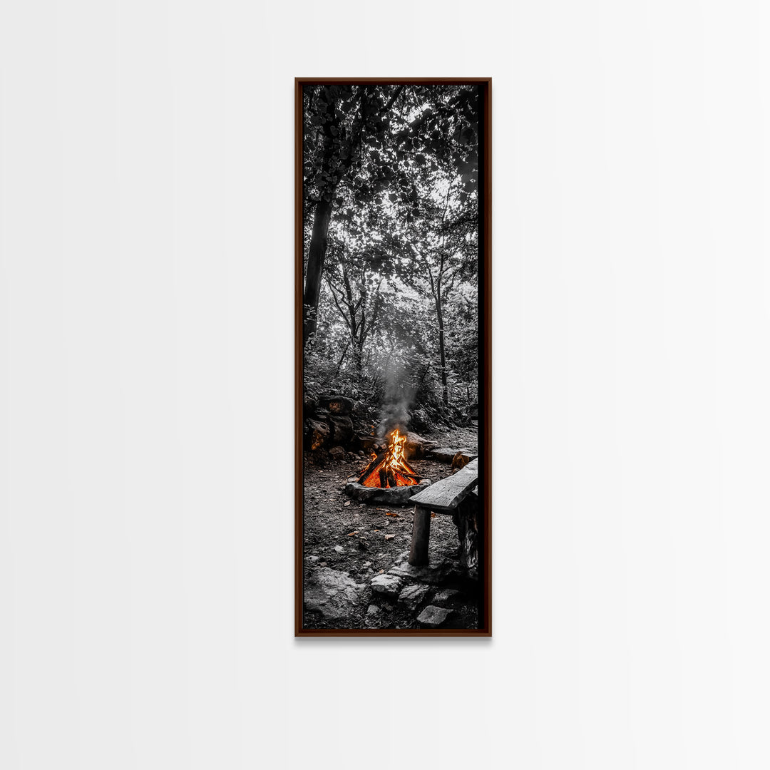 Forest Firepit, Glowing Flames, Wilderness Night, Framed Canvas Print, Camping Wall Art, Rustic Fall Decor, Cabin Living Style